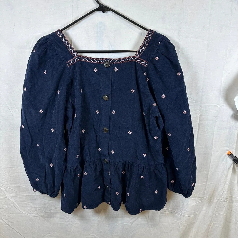 Madewell Embroidered Corduroy Peplum Blouse Navy Large